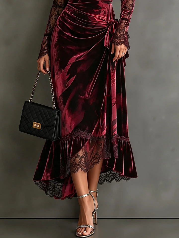 Meredith | Burgundy Velvet-Look Square Neck Lace Long Sleeve Tie-Waist Asymmetrical Fishtail Dress