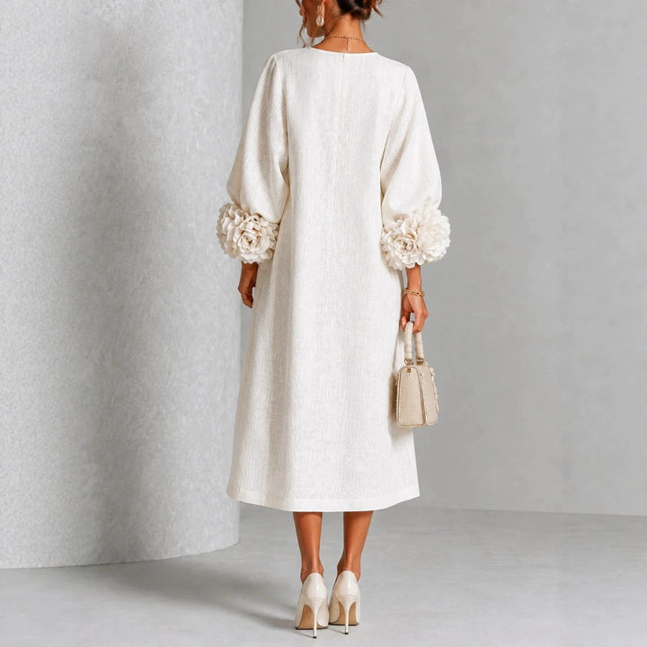 Margaux Rosette-Cuff Button Midi Dress - White