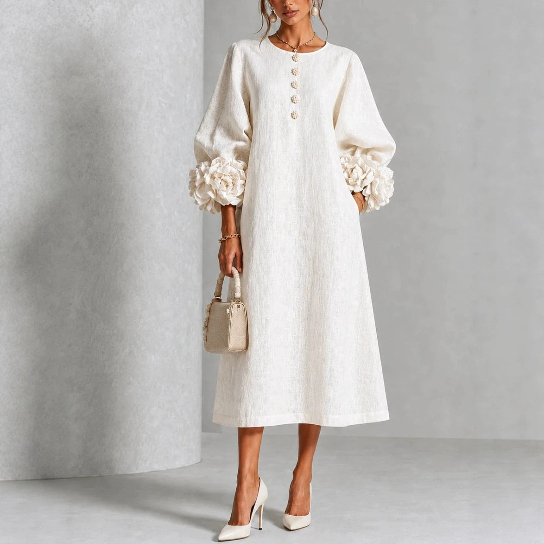 Margaux Rosette-Cuff Button Midi Dress - White
