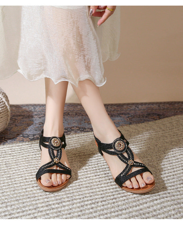 Comfortable Bohemian Fashion Rhinestone Platform Wedge Sandals