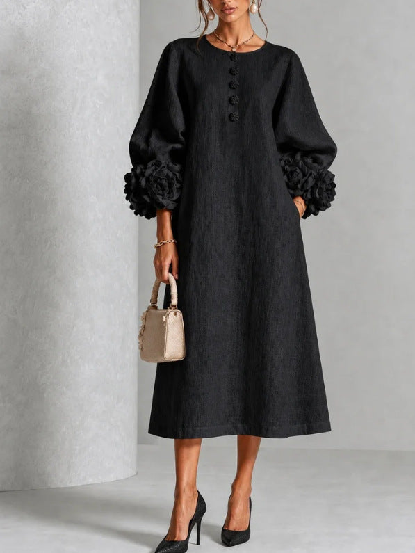 Margaux Rosette-Cuff Button Midi Dress - Black