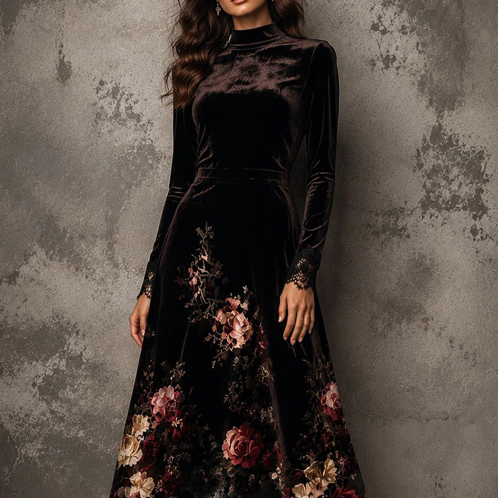 Delilah | Black Velvet-Look Floral Long Sleeve Lace Hem Maxi Dress
