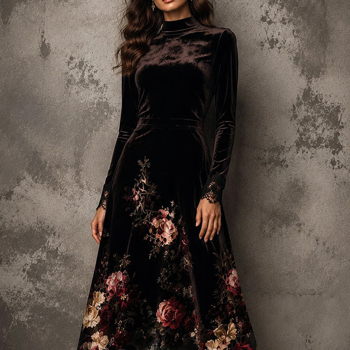 Delilah | Black Velvet-Look Floral Long Sleeve Lace Hem Maxi Dress