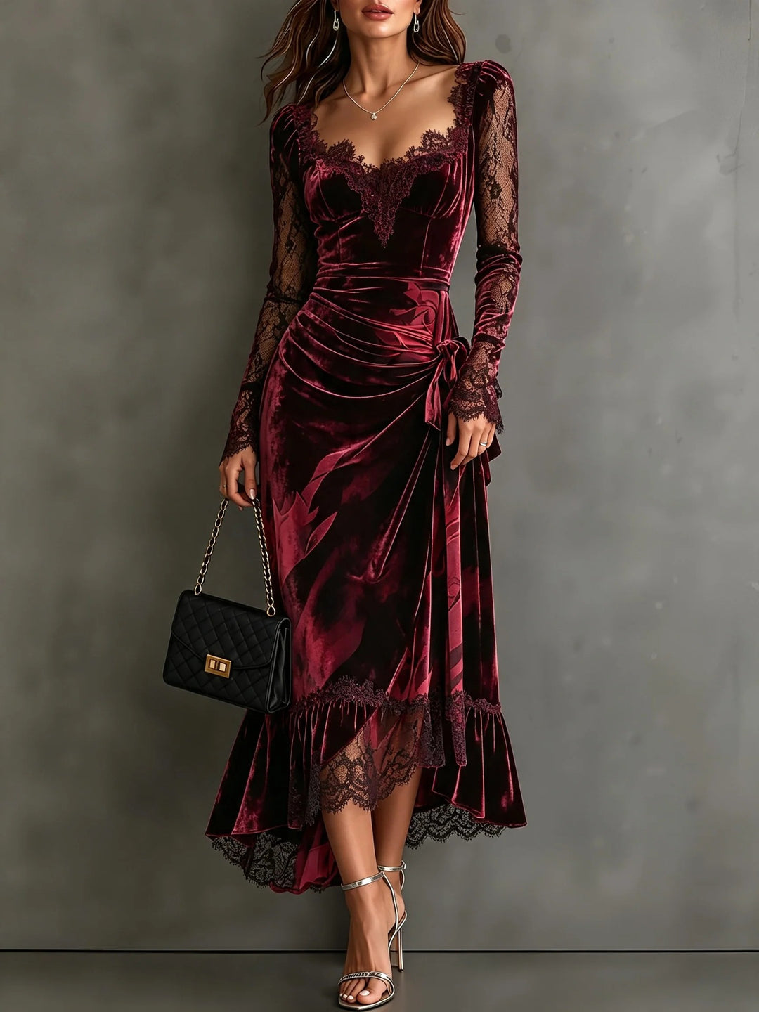 Meredith | Burgundy Velvet-Look Square Neck Lace Long Sleeve Tie-Waist Asymmetrical Fishtail Dress