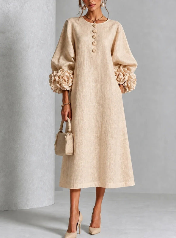 Margaux Rosette-Cuff Button Midi Dress - Beige
