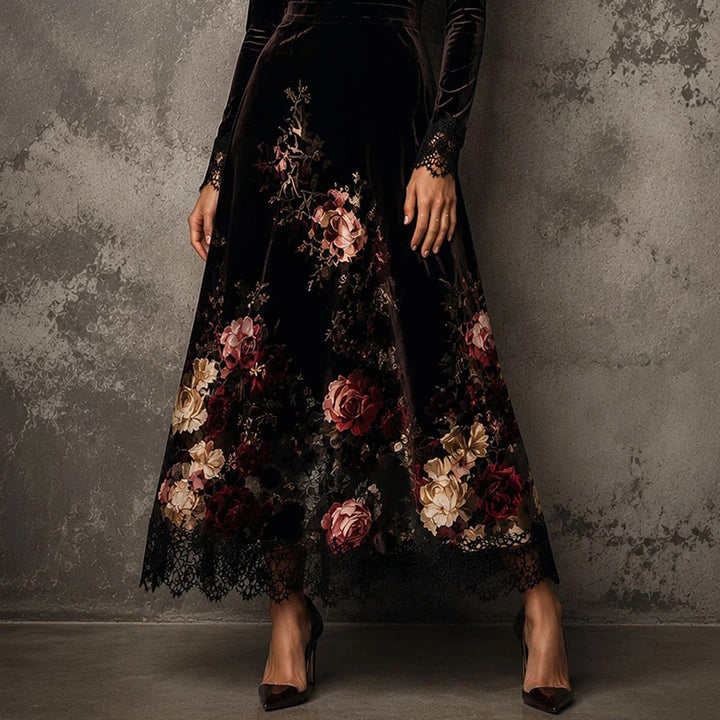 Delilah | Black Velvet-Look Floral Long Sleeve Lace Hem Maxi Dress