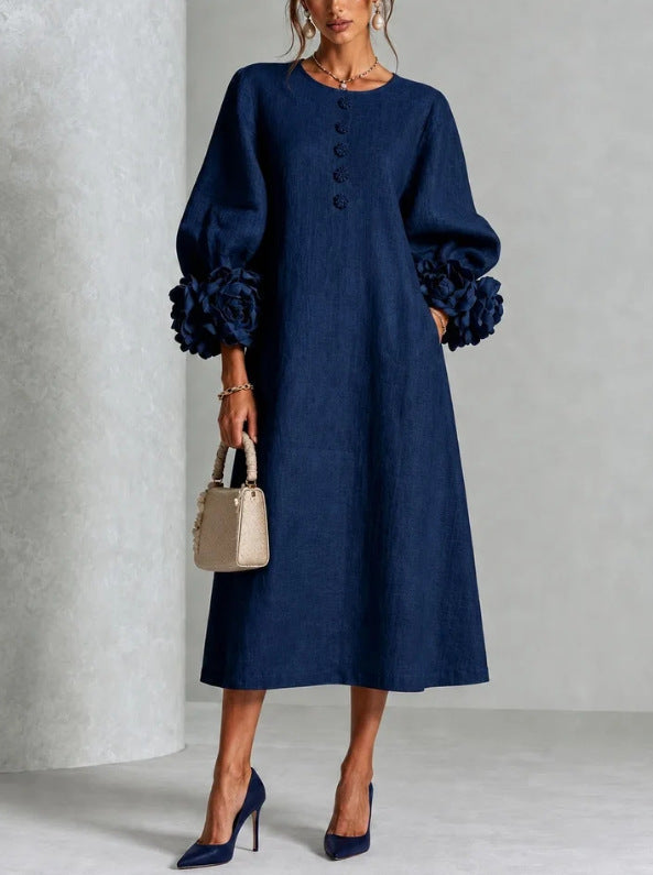 Margaux Rosette-Cuff Button Midi Dress - Navy Blue