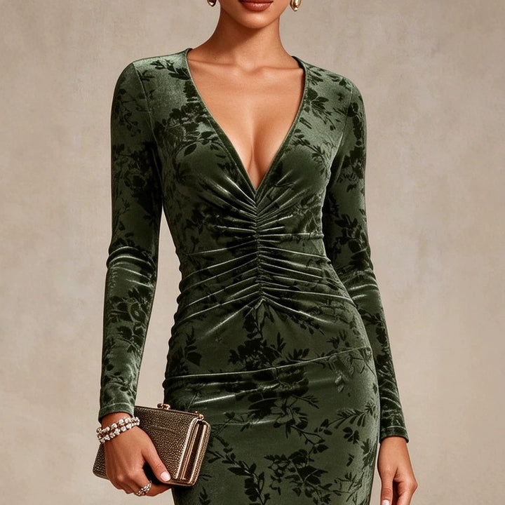 Catherine | Green Floral Velvet-Look Deep V Ruched Long Sleeve Bodycon Midi Dress
