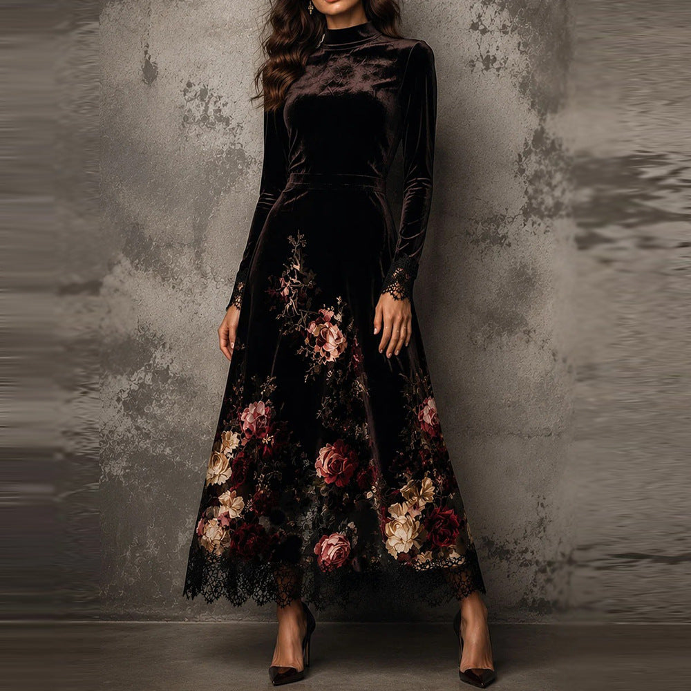Delilah | Black Velvet-Look Floral Long Sleeve Lace Hem Maxi Dress
