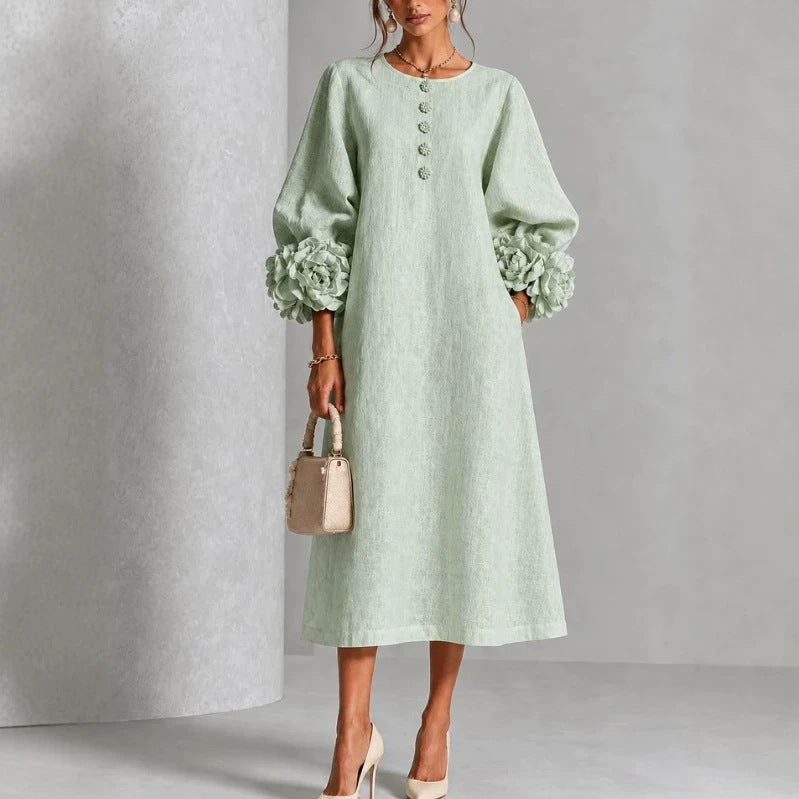 Margaux Rosette-Cuff Button Midi Dress - Mint