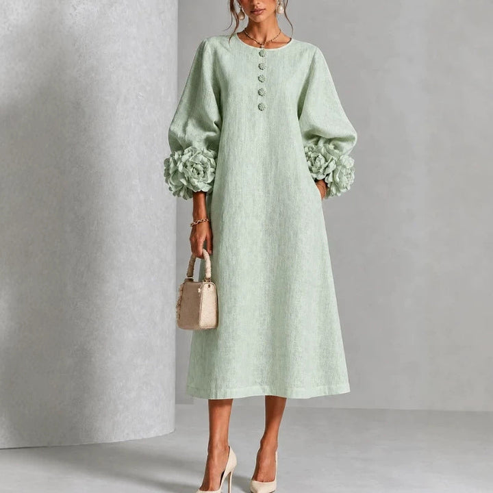 Margaux Rosette-Cuff Button Midi Dress - Mint