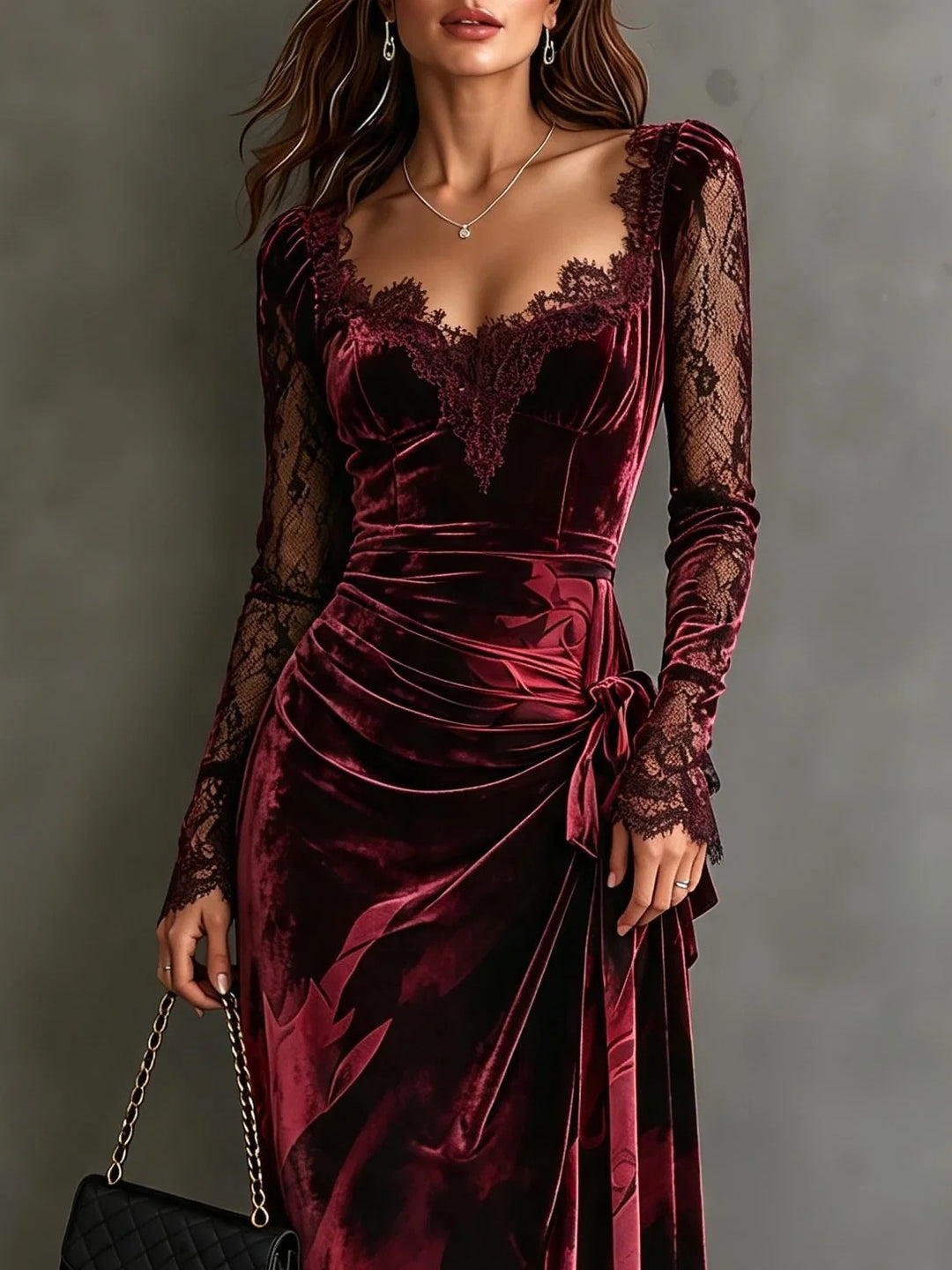 Meredith | Burgundy Velvet-Look Square Neck Lace Long Sleeve Tie-Waist Asymmetrical Fishtail Dress