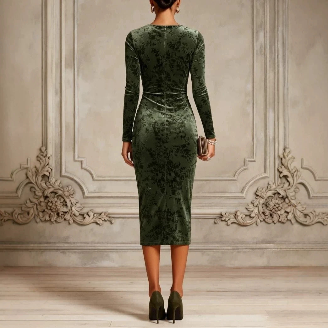 Catherine | Green Floral Velvet-Look Deep V Ruched Long Sleeve Bodycon Midi Dress