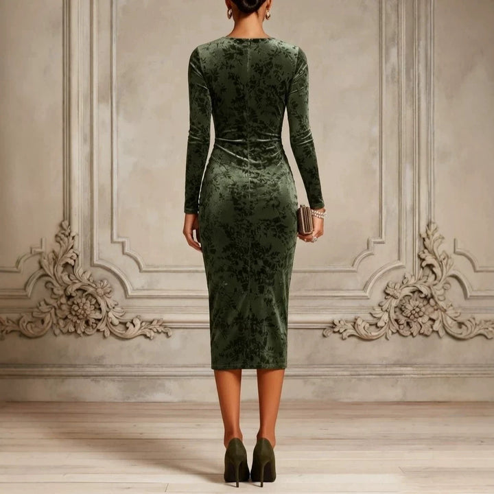 Catherine | Green Floral Velvet-Look Deep V Ruched Long Sleeve Bodycon Midi Dress