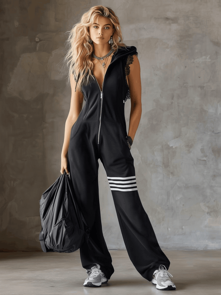 Daniela - Retro sporty jumpsuit with hood and stripes