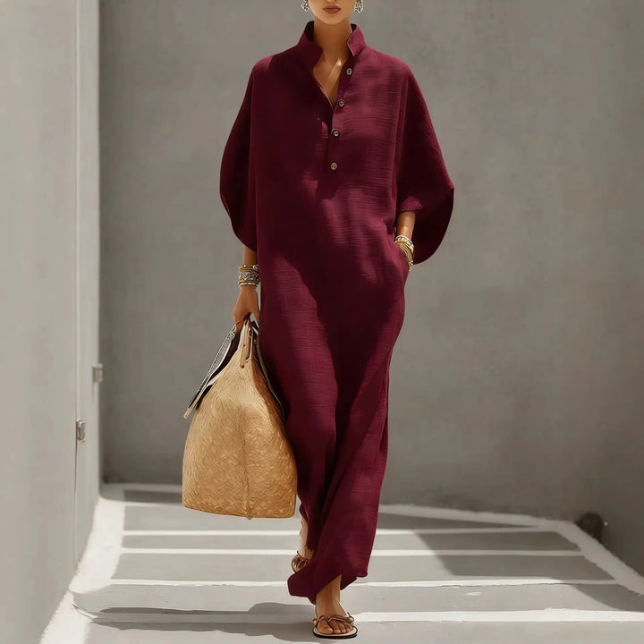 Luciana | Maxi Black Dress with Kimono Sleeves and Buttoned V-Neck