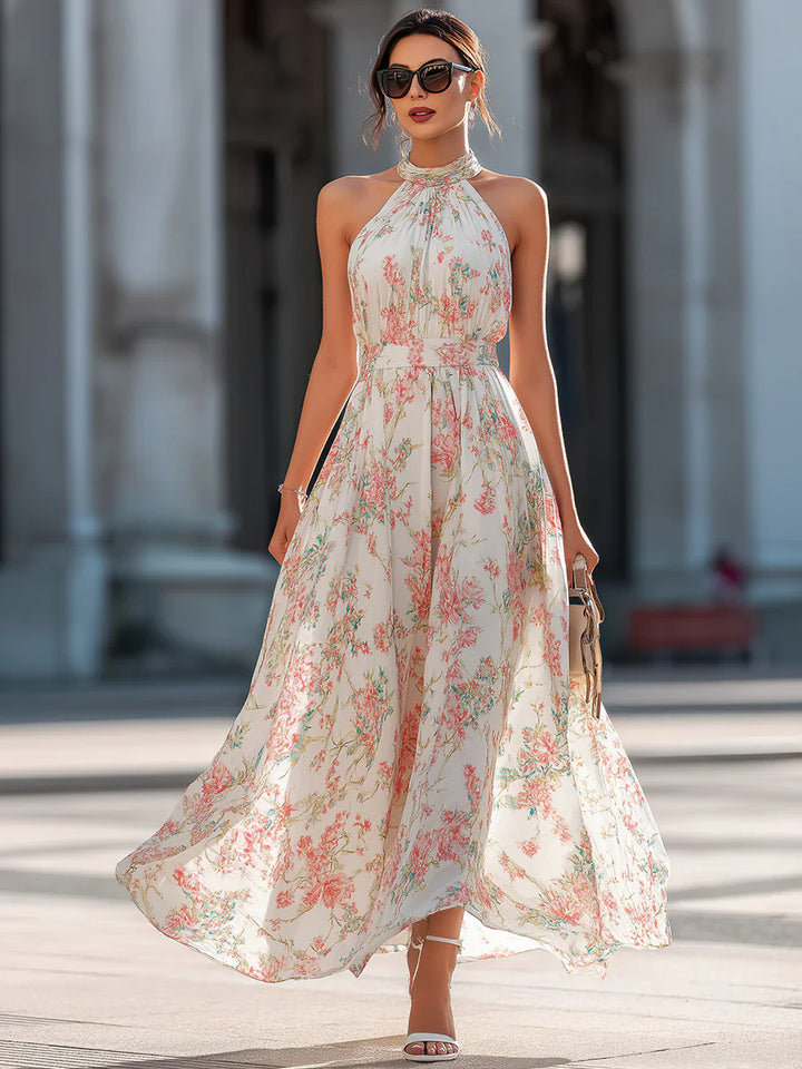 Camille - Pleated Floral Chiffon Halter Maxi Dress