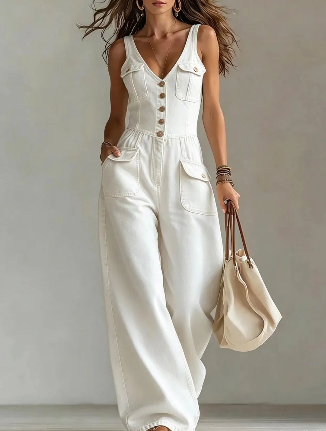 Lola- V Neck Button Denim Jumpsuit