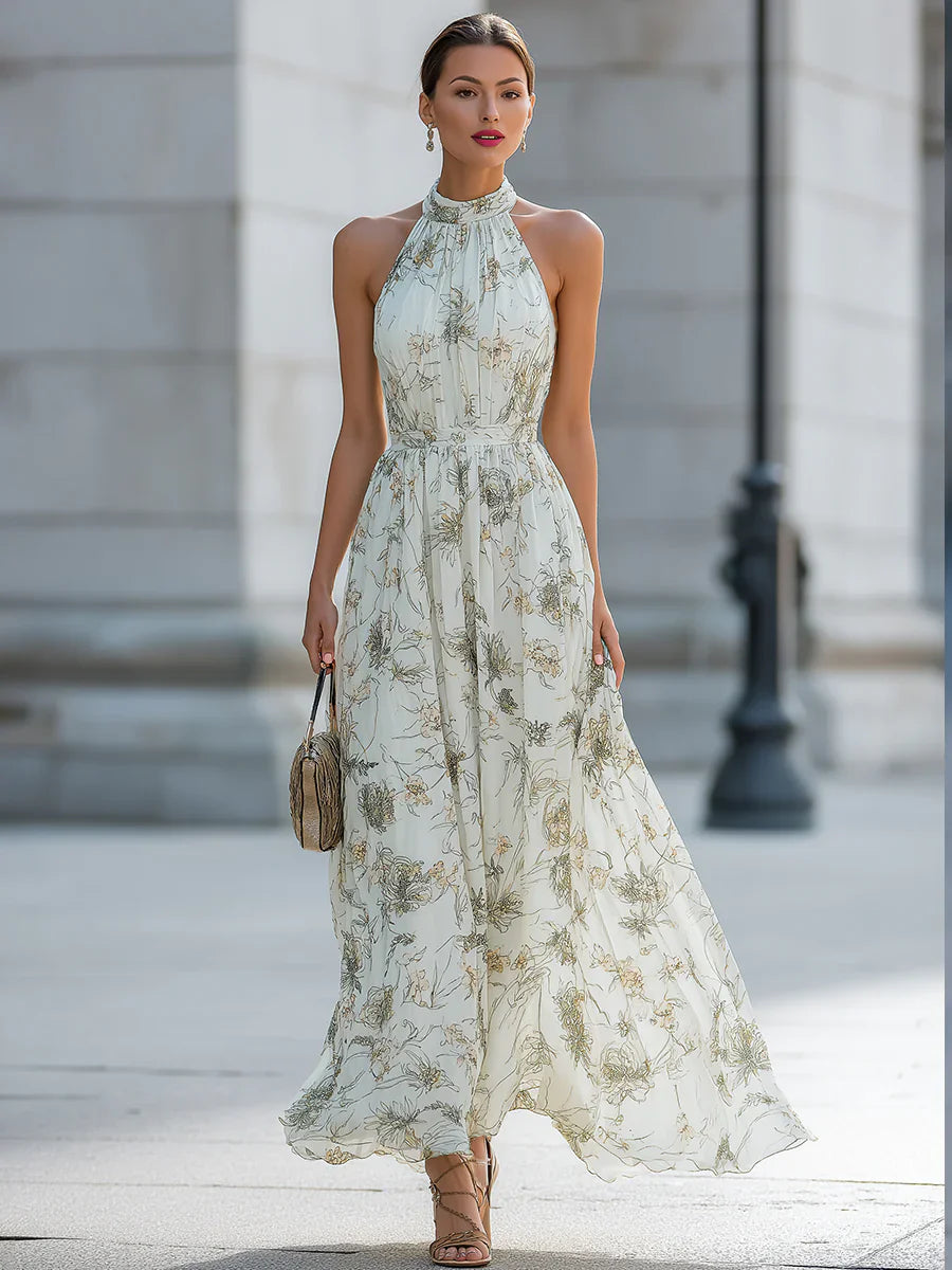 Janet - Floral Pleated Chiffon Halter Dress