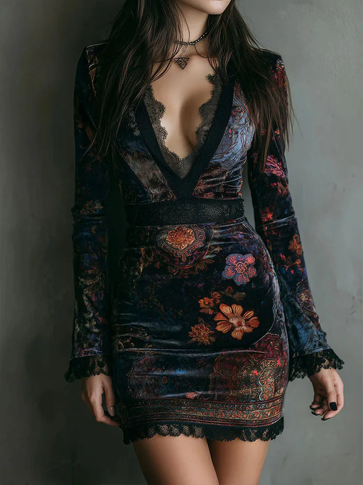 Mae - Vintage Floral Print Velvet Mini Dress