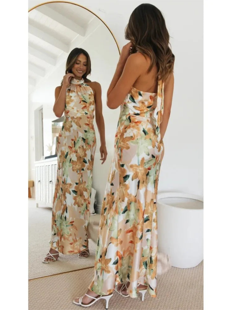 Danielle - Floral Halter Backless Long Dress