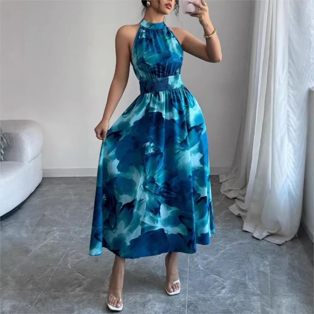 Brenda - Slim Halter Neck Printed Maxi Dress