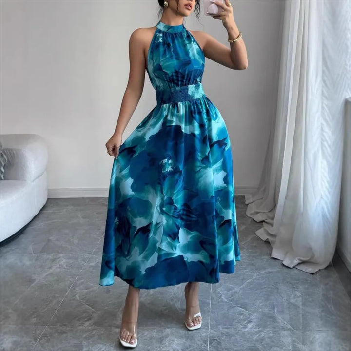 Brenda - Slim Halter Neck Printed Maxi Dress