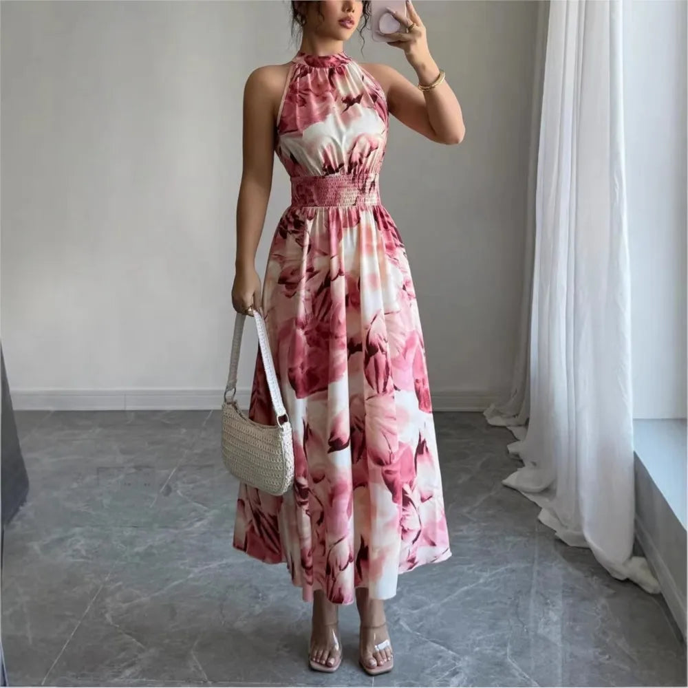 Monique - Elegant Halter Neck Printed Dress