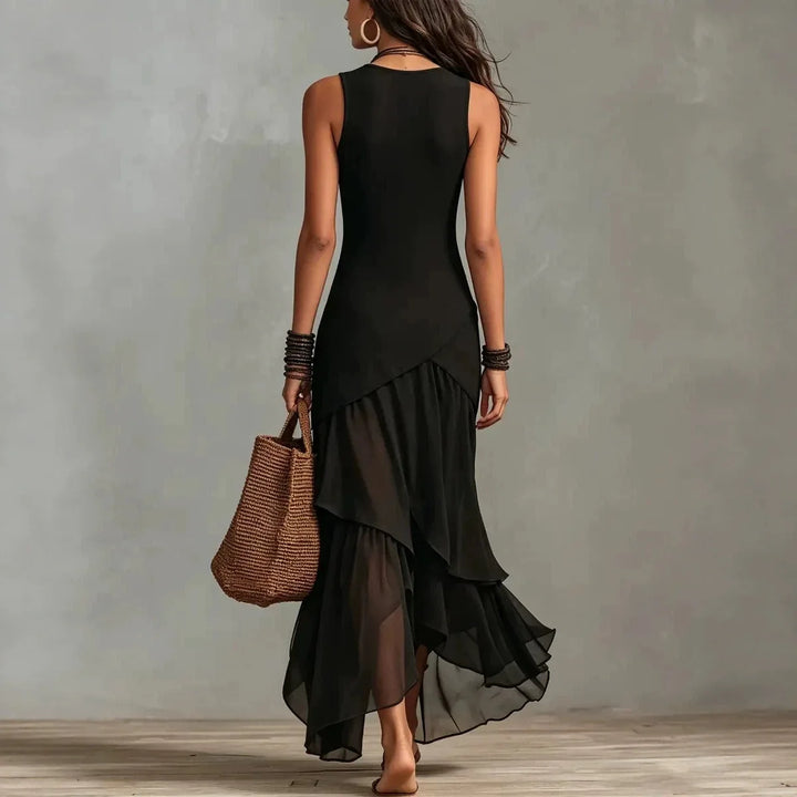 Odette | Black chiffon dress with ruffle trim and layered hem