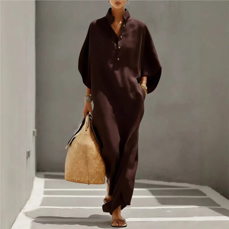 Luciana | Maxi Black Dress with Kimono Sleeves and Buttoned V-Neck