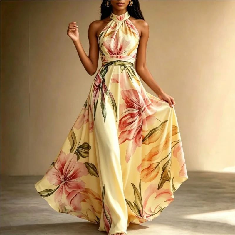 Karen - Bohemian Floral Swing Halter Maxi Dress
