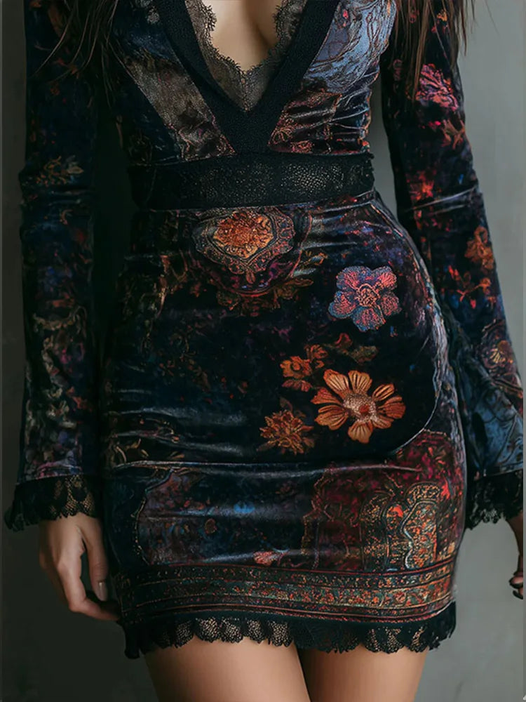 Mae - Vintage Floral Print Velvet Mini Dress