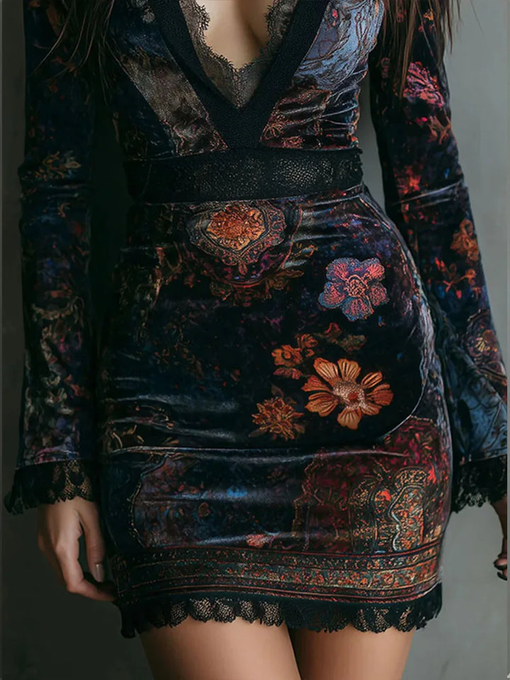 Mae - Vintage Floral Print Velvet Mini Dress