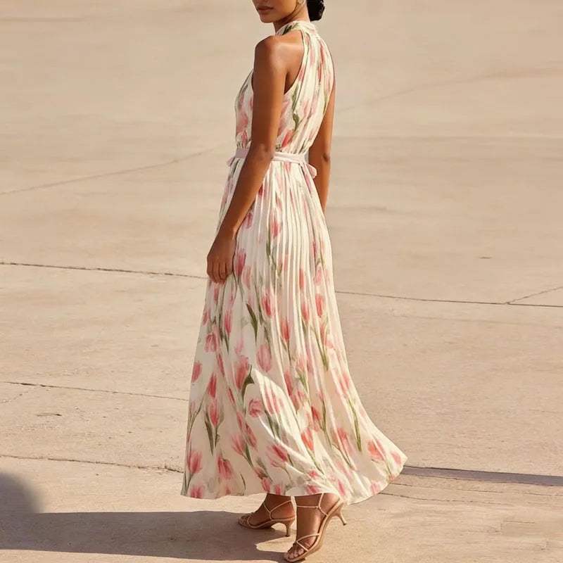 Sandra - Spring Floral Pleated Halter Maxi Dress