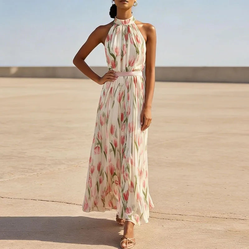 Sandra - Spring Floral Pleated Halter Maxi Dress