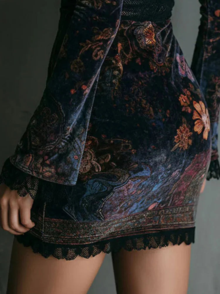 Mae - Vintage Floral Print Velvet Mini Dress