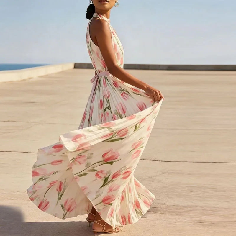 Sandra - Spring Floral Pleated Halter Maxi Dress