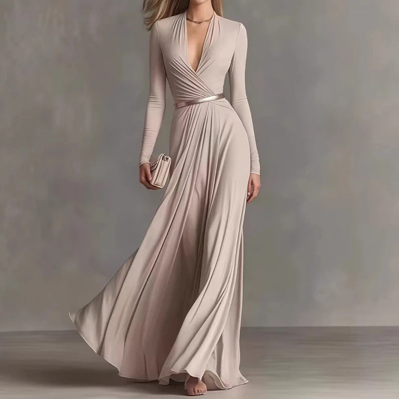 Marguerite | Apricot maxi dress with deep V-neck and long sleeves
