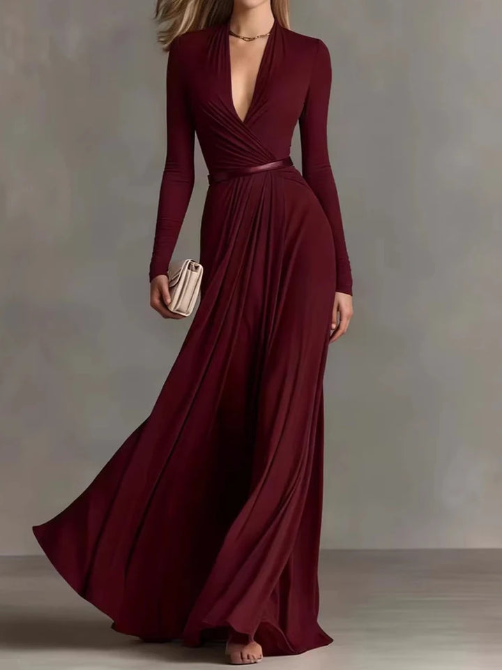 Marguerite | Apricot maxi dress with deep V-neck and long sleeves