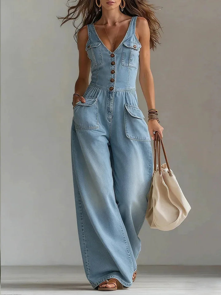 Lola- V Neck Button Denim Jumpsuit