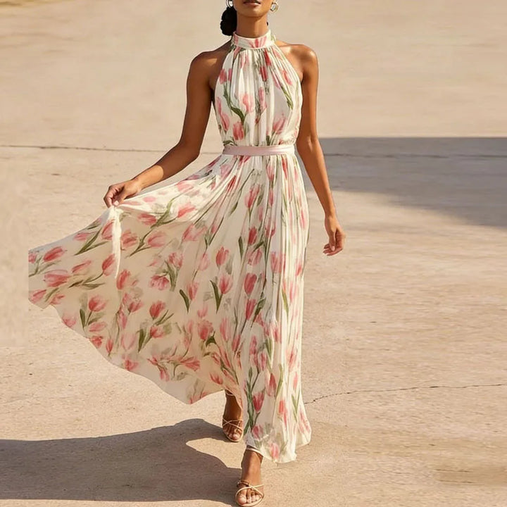 Sandra - Spring Floral Pleated Halter Maxi Dress