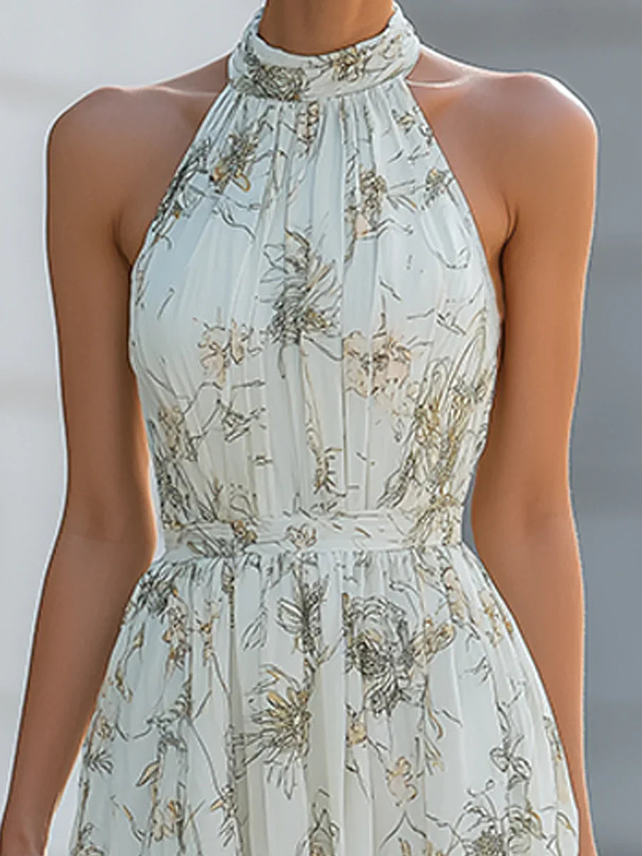 Janet - Floral Pleated Chiffon Halter Dress