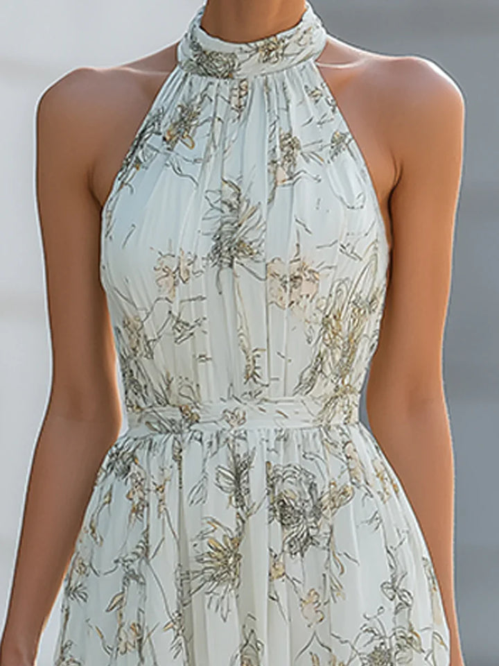 Janet - Floral Pleated Chiffon Halter Dress