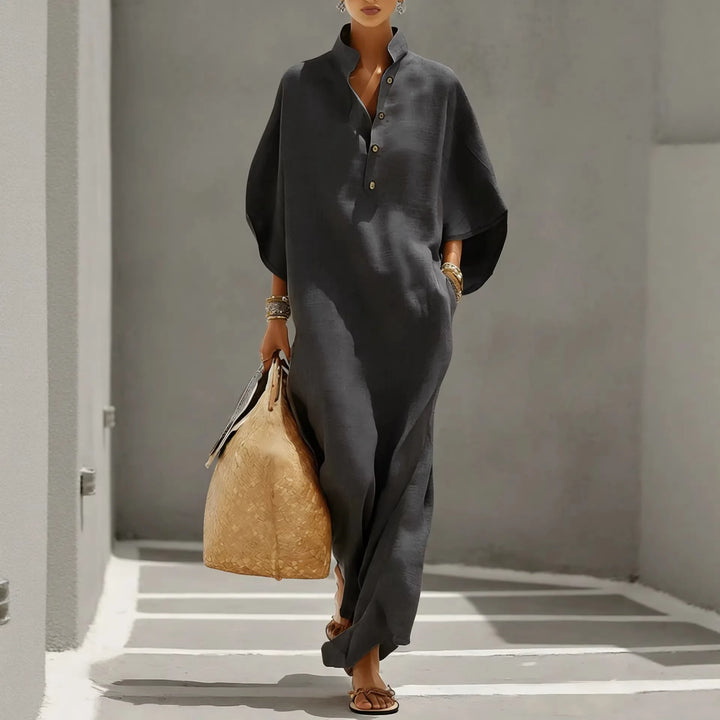Luciana | Maxi Black Dress with Kimono Sleeves and Buttoned V-Neck