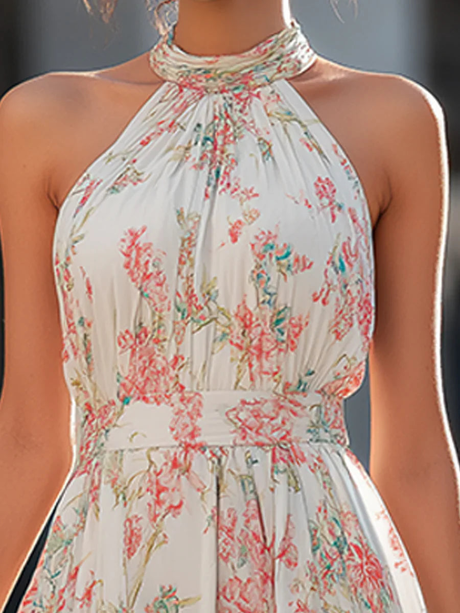 Camille - Pleated Floral Chiffon Halter Maxi Dress