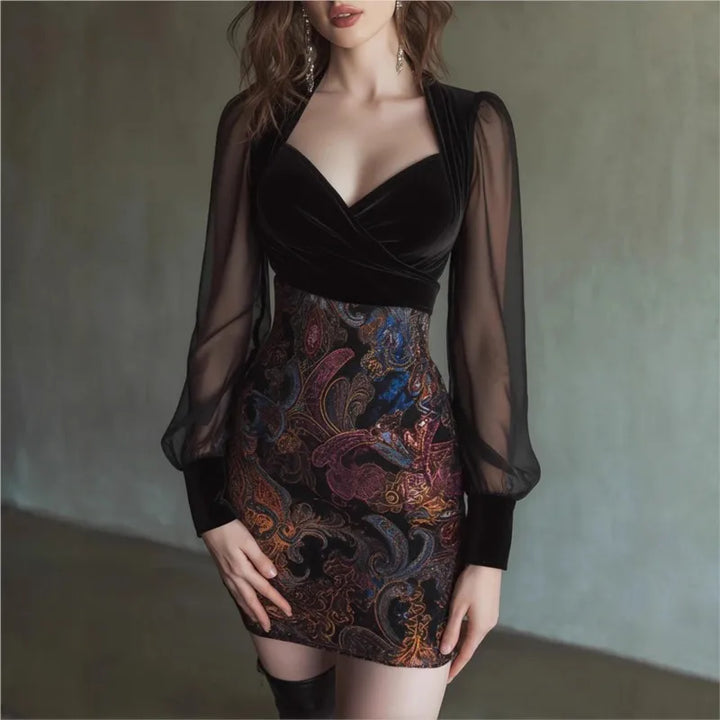 Sam - Velvet Mini Dress with Printed Skirt