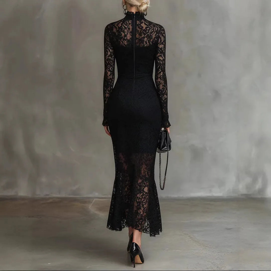 Arabella | Black lace evening dress with mock neck and long sleeves