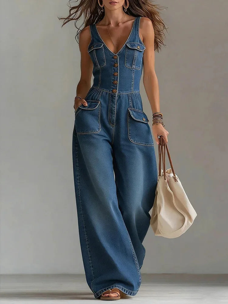 Lola- V Neck Button Denim Jumpsuit