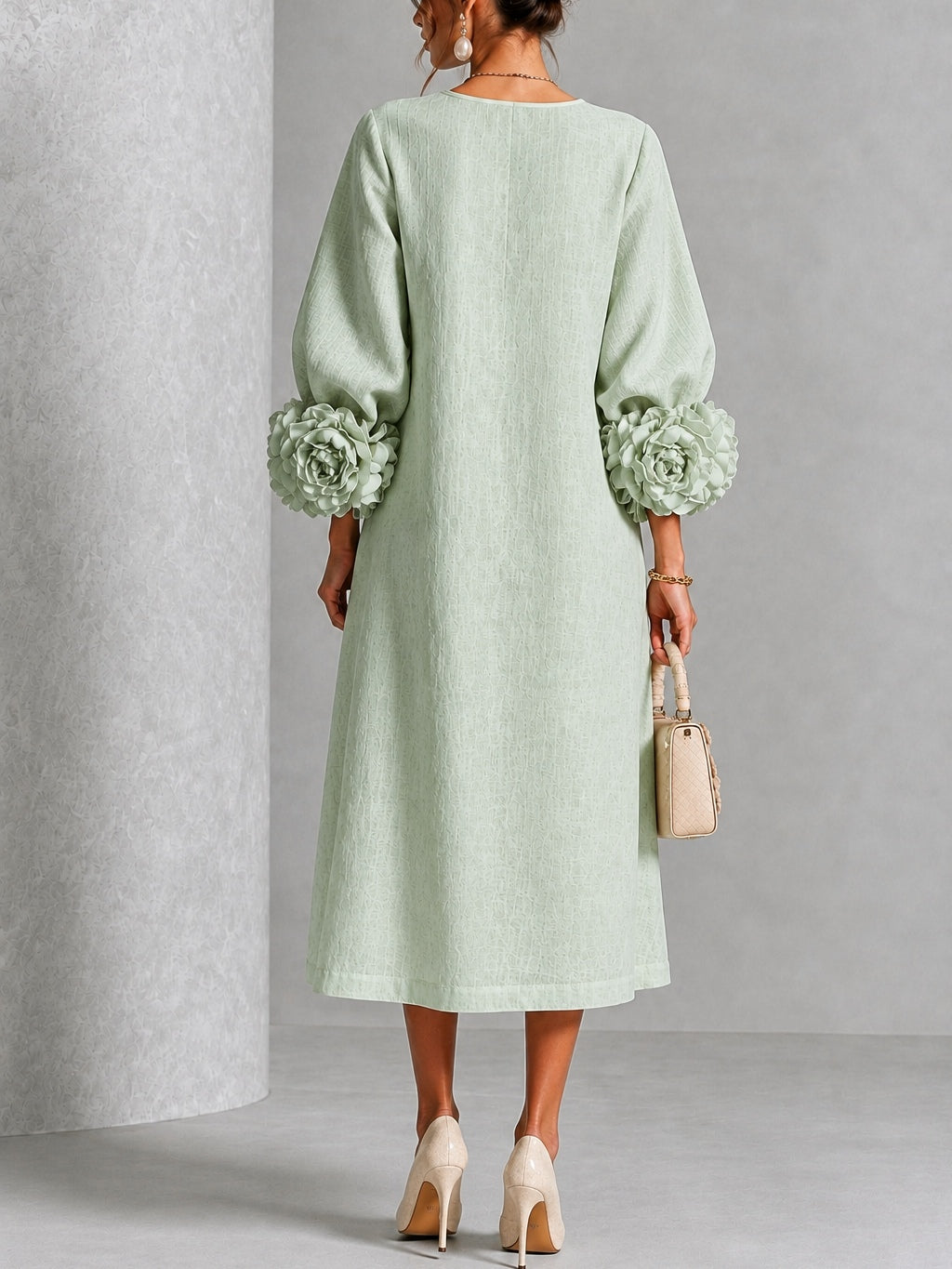 Sage Mist Floral Button-Down Midi Dress with Striking Floral Cuffs