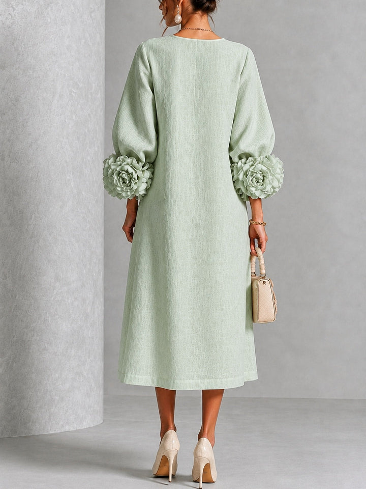 Sage Mist Floral Button-Down Midi Dress with Striking Floral Cuffs